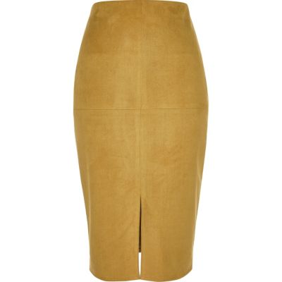 Dark yellow faux suede pencil skirt